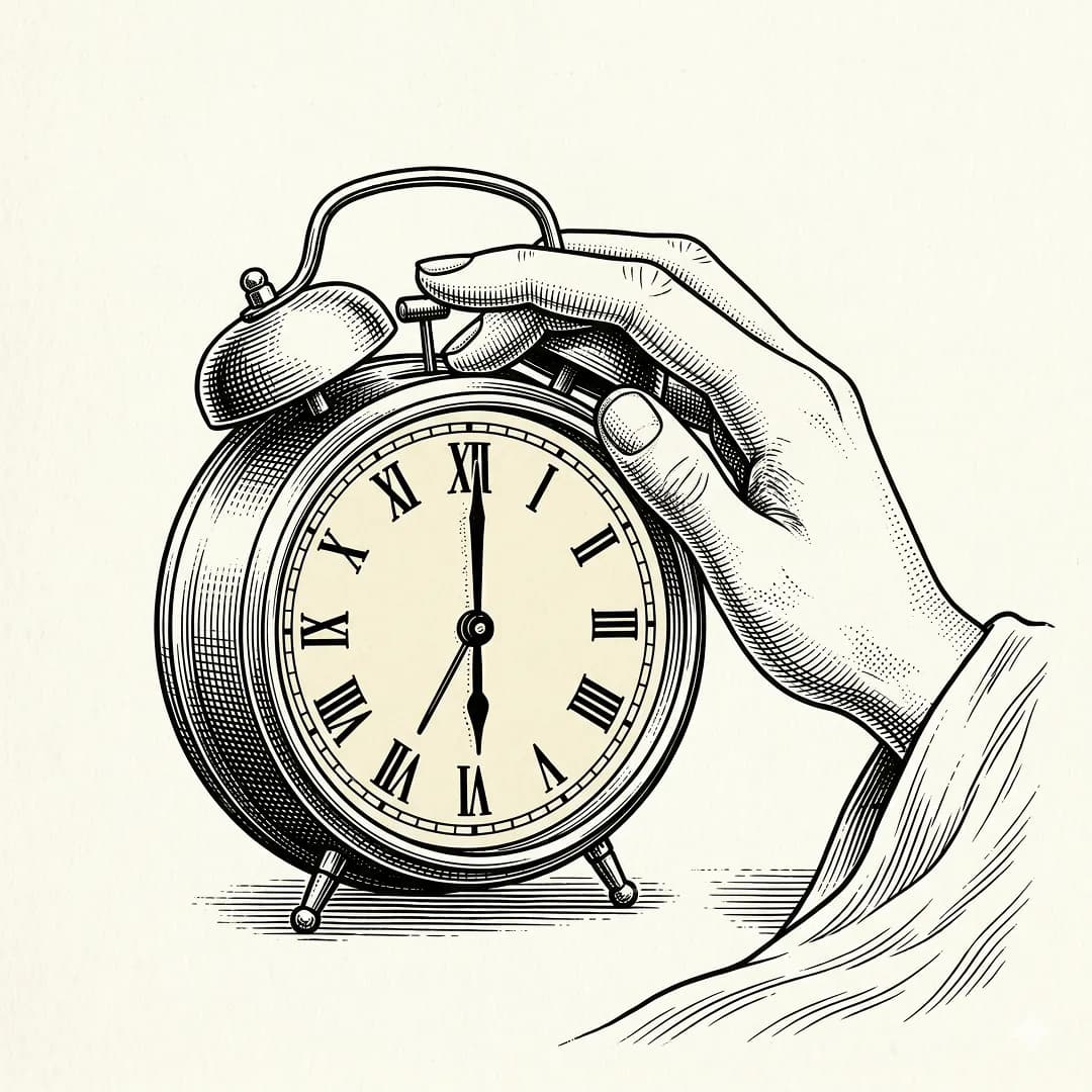 A drowsy hand reaching for a twin-bell alarm clock to press snooze, rendered as a 19th-century ink engraving.